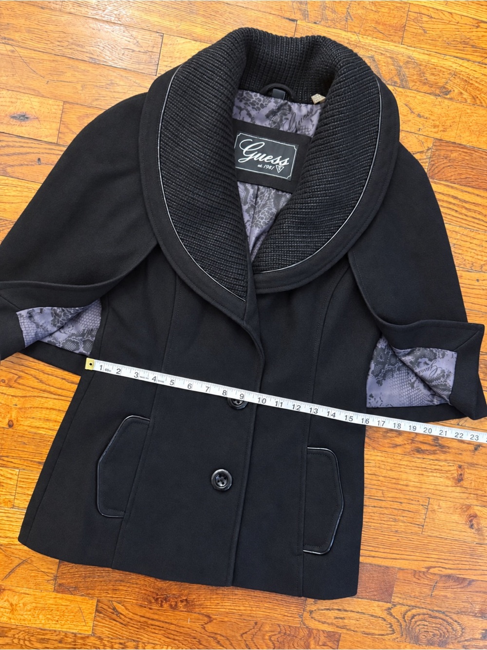 GUESS Black Wool Blend Cape Jacket Ribbed Shawl Collar Piping Women's Size S - Picture 8 of 15